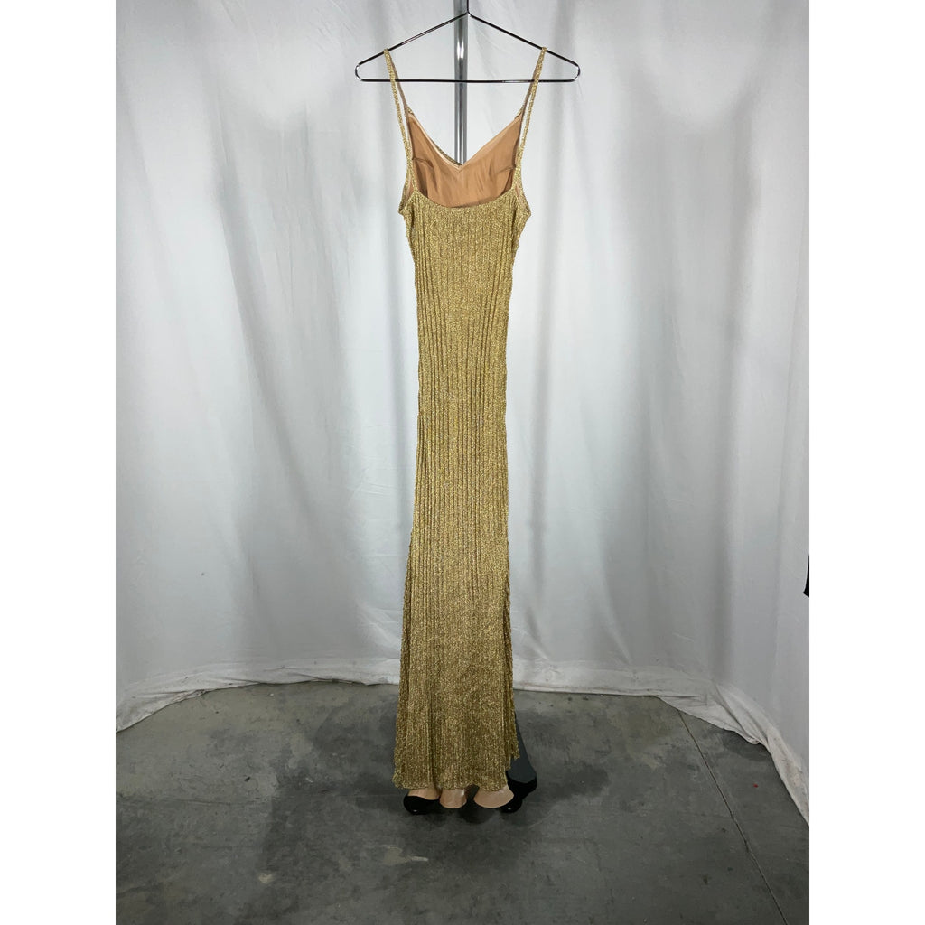 Victoria Beckham Metallic Gold Polyester Ribbed-Knit Maxi Dress Size M