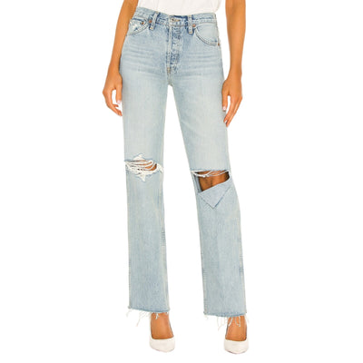 Re/Done Distressed Breezy Indigo With Rips 90s High Rise Loose Denim Jeans Size 26