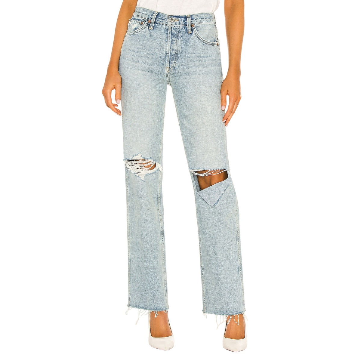 Re/Done Distressed Breezy Indigo With Rips 90s High Rise Loose Denim Jeans Size 26