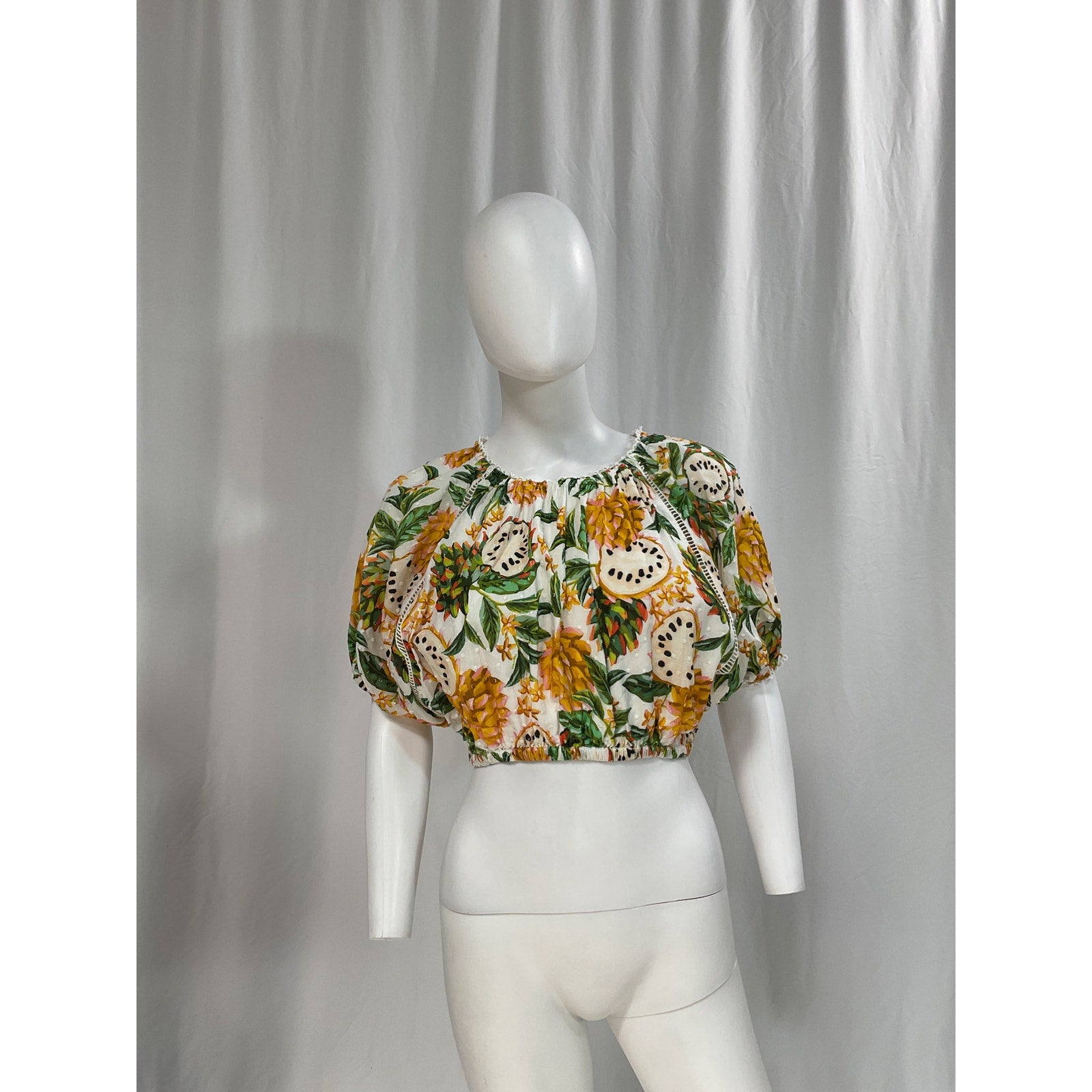 Farm Rio Green 'Biriba' Cropped Round Neck Blouse Top Size XS