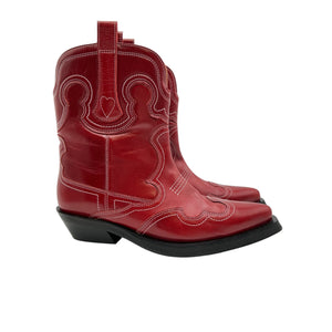 Ganni Low Red Embroidered Western Boots Size 38 EU / US 8