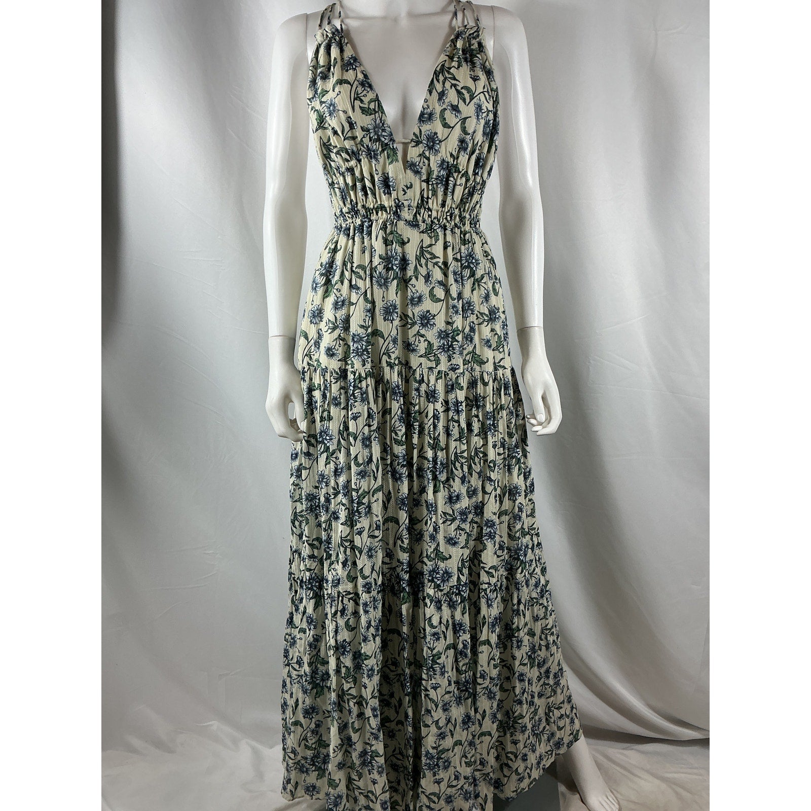 Significant Other 'Isobel' Blue Cotton Floral Plunging Maxi Dress Size 6