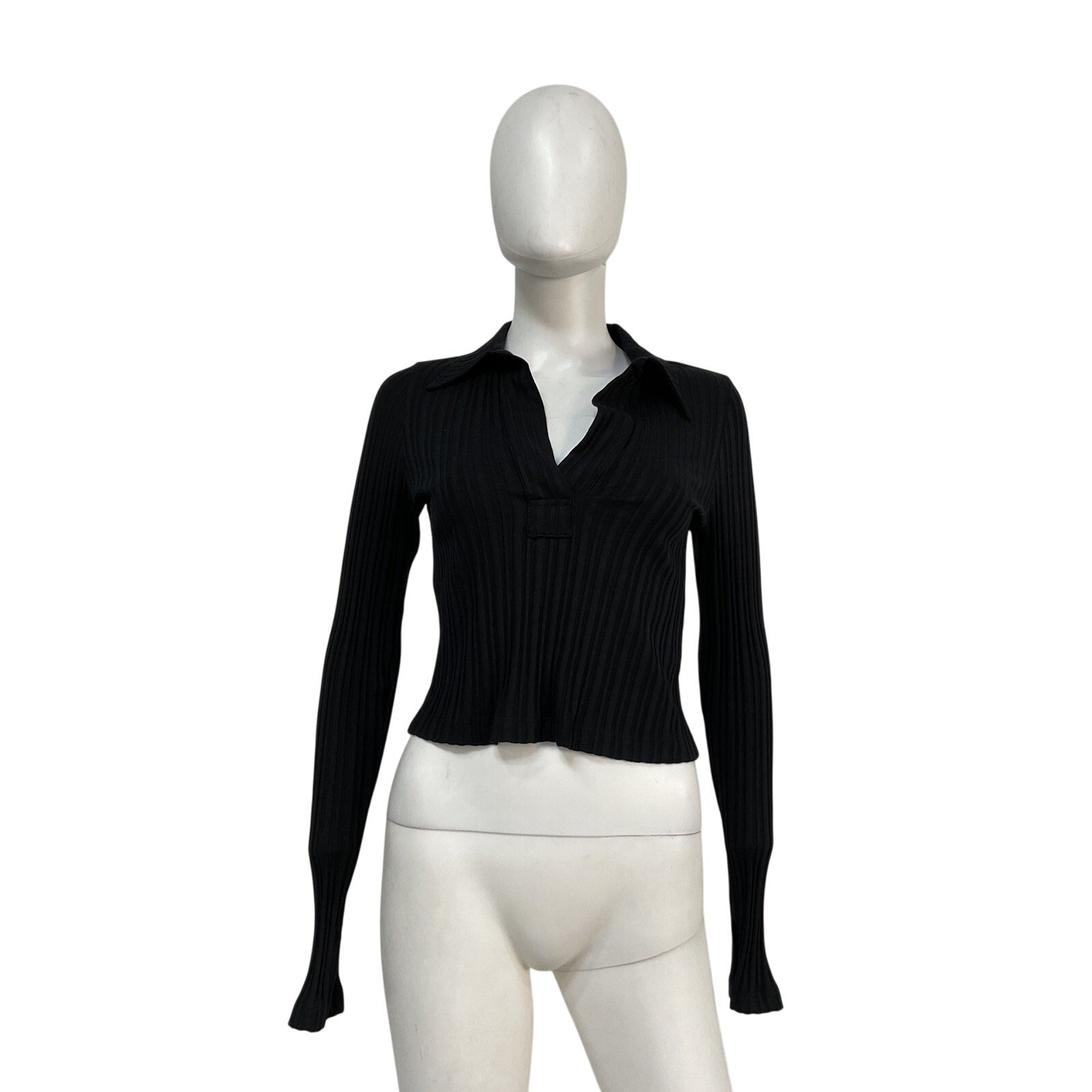 Helmut Lang Textured Stripe Black Cotton Crop Polo Shirt Size L