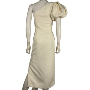 Rebecca Vallance Asymmetric Cream One Shoulder Cloque Midi Dress Size 2