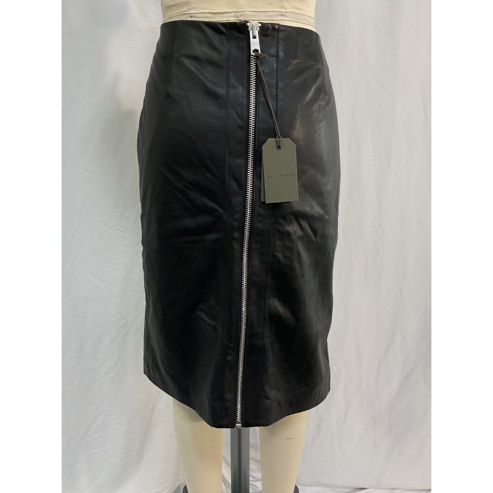Allsaints 'Lucille' Black Leather Zip Up Midi Pencil Skirt Size 8 - NWT