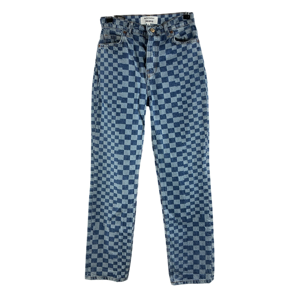 Reformation Checkerboard High-Rise Straight Blue Cynthia Denim Jeans Size 25