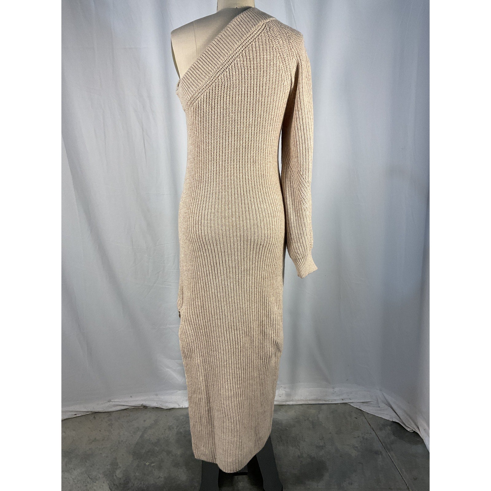 L'Academie 'Feride' Tan Acrylic One Shoulder Midi Dress Size XS