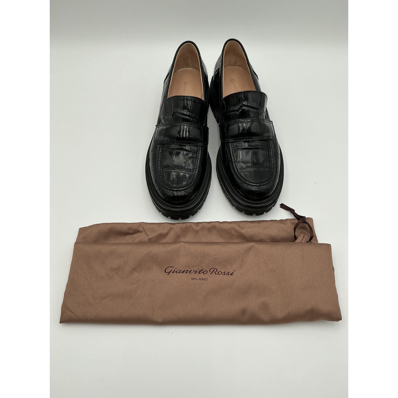 Gianvito Rossi 'Argo' Black Crocodile-Effect Patent-Leather Loafers Size 10.5