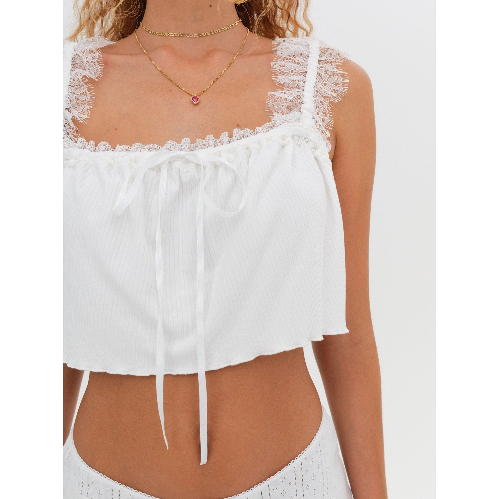 For Love & Lemons 'Joan' White Ribbon Tie Crop Top Size S