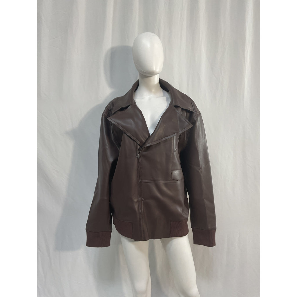 Norma Kamali Oversized Brown Polyurethane Moto Jacket Size M