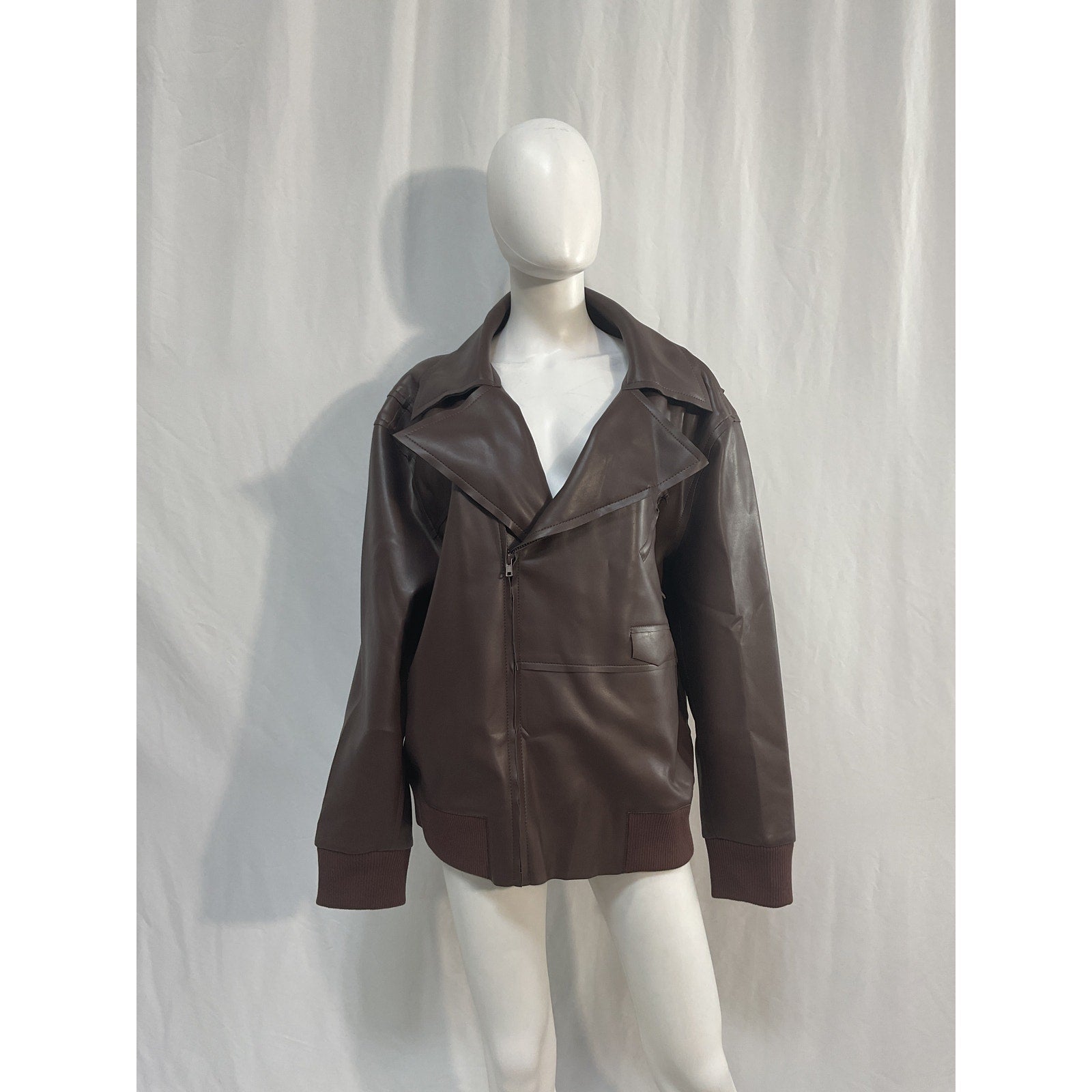 Norma Kamali Oversized Brown Polyurethane Moto Jacket Size M