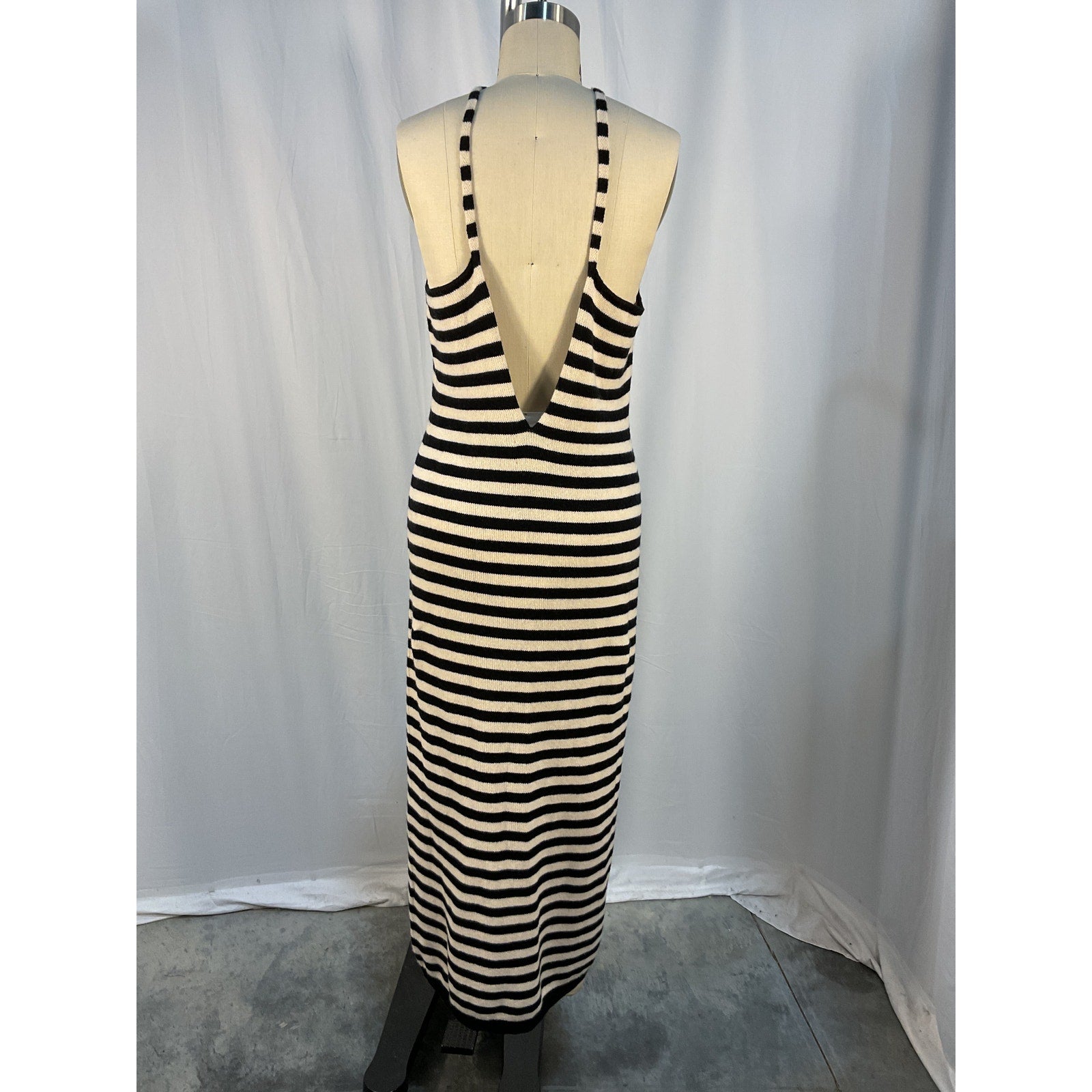 Khaite 'Georgia' Black Striped Cashmere V Neck Cross Back Straps Midi Dress Size L - NWT