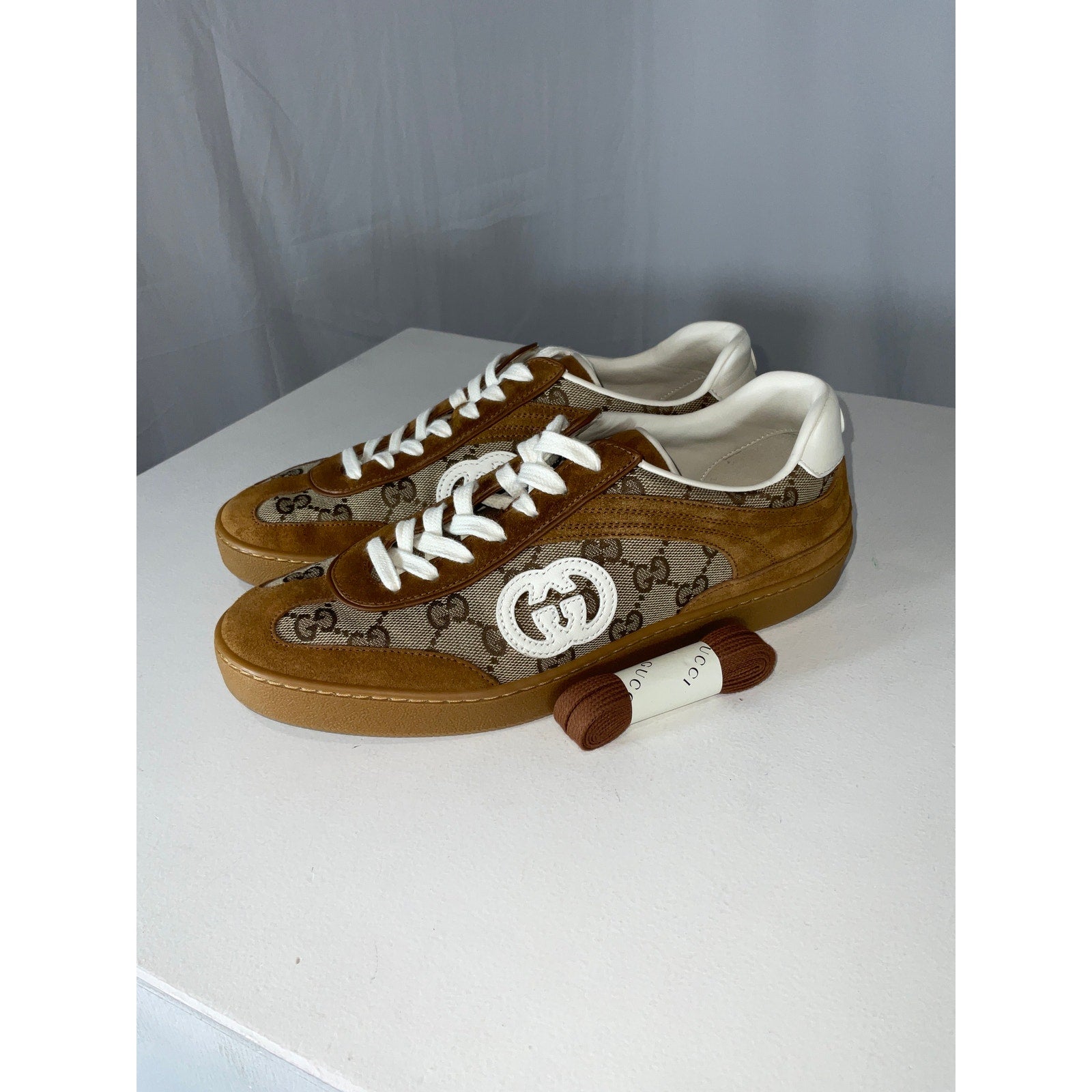 Gucci Tan Leather And Suede-Trimmed Coated Canvas-Jacquard Sneakers Size 42