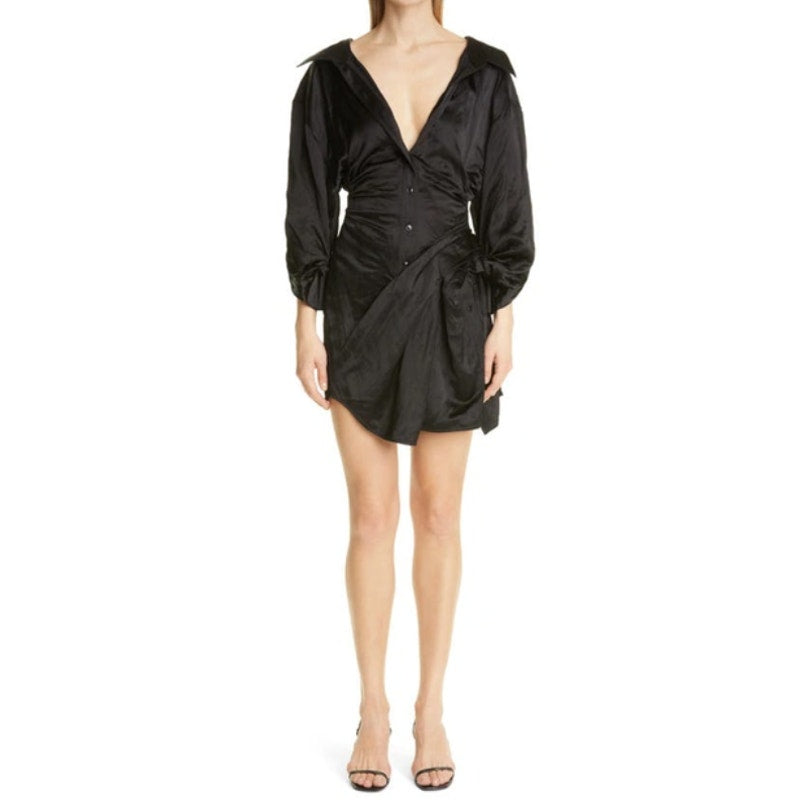 Alexander Wang 'Ruched' Black Crinkled-Satin Mini Shirt Dress Size 4