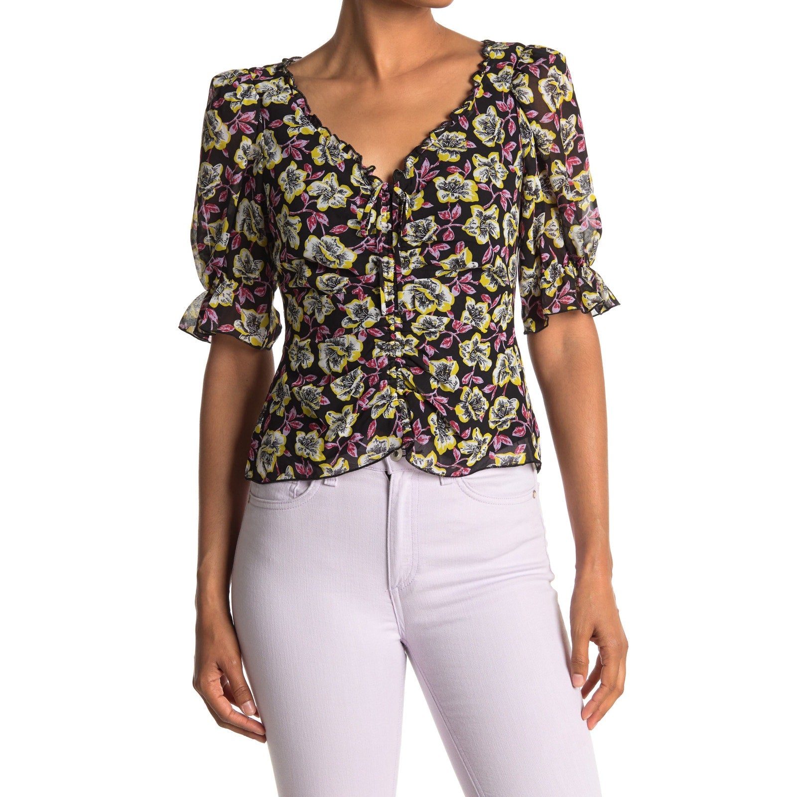 Cinq A Sept 'Kimberly' Black V-Neck Floral Print Short Sleeve Top Size S