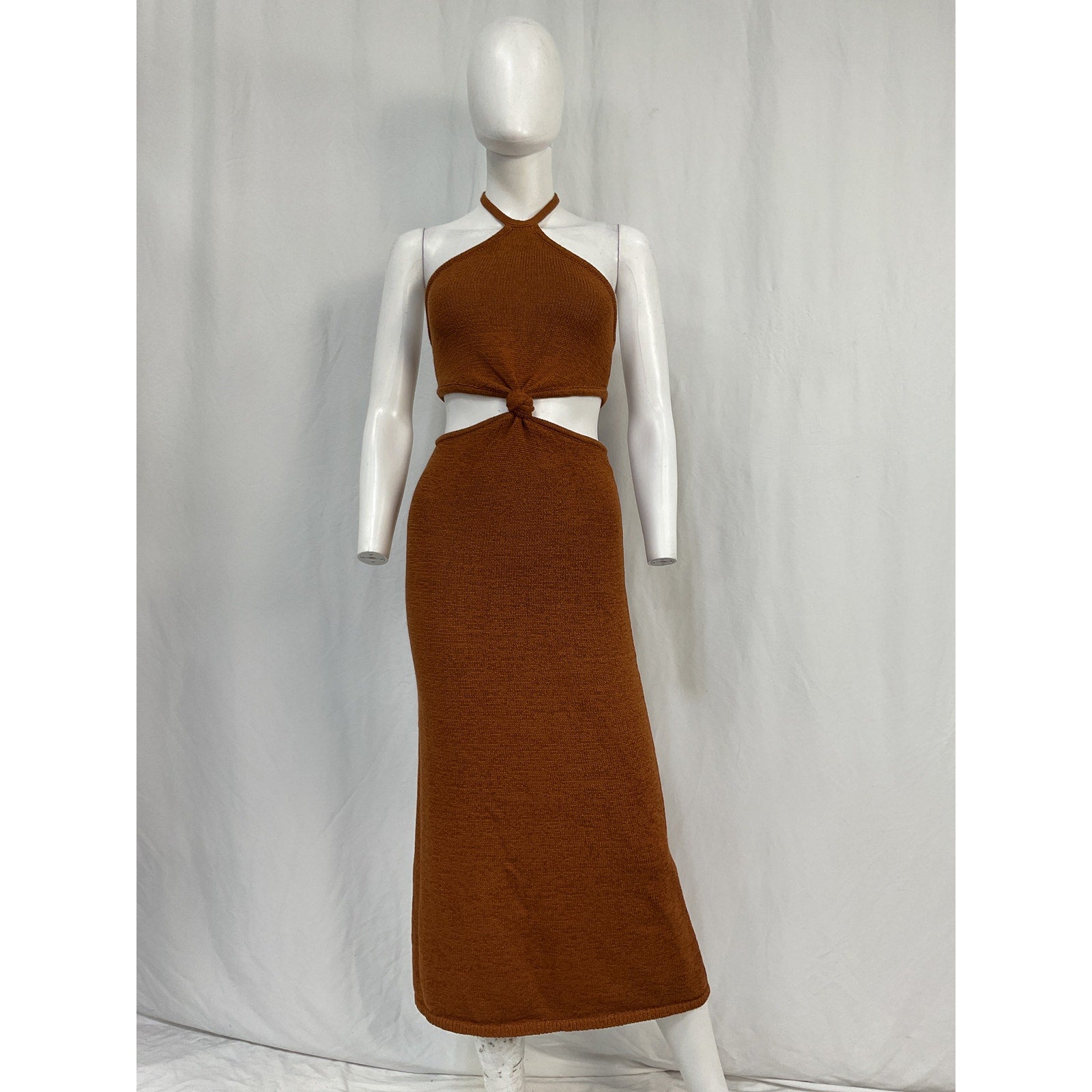 Cult Gaia Halterneck Brown Cotton Long Dress Size XS