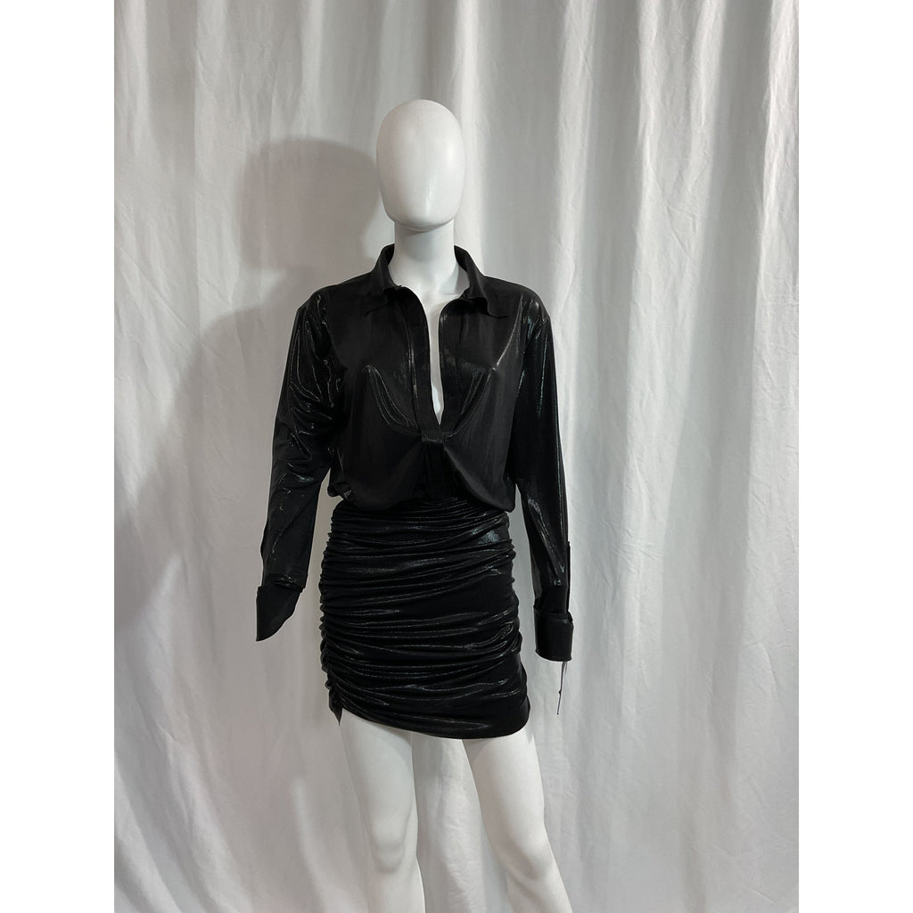 Norma Kamali 'Boyfriend' Black Plunge Neck Shirred Shirt Dress Size XS - NWT