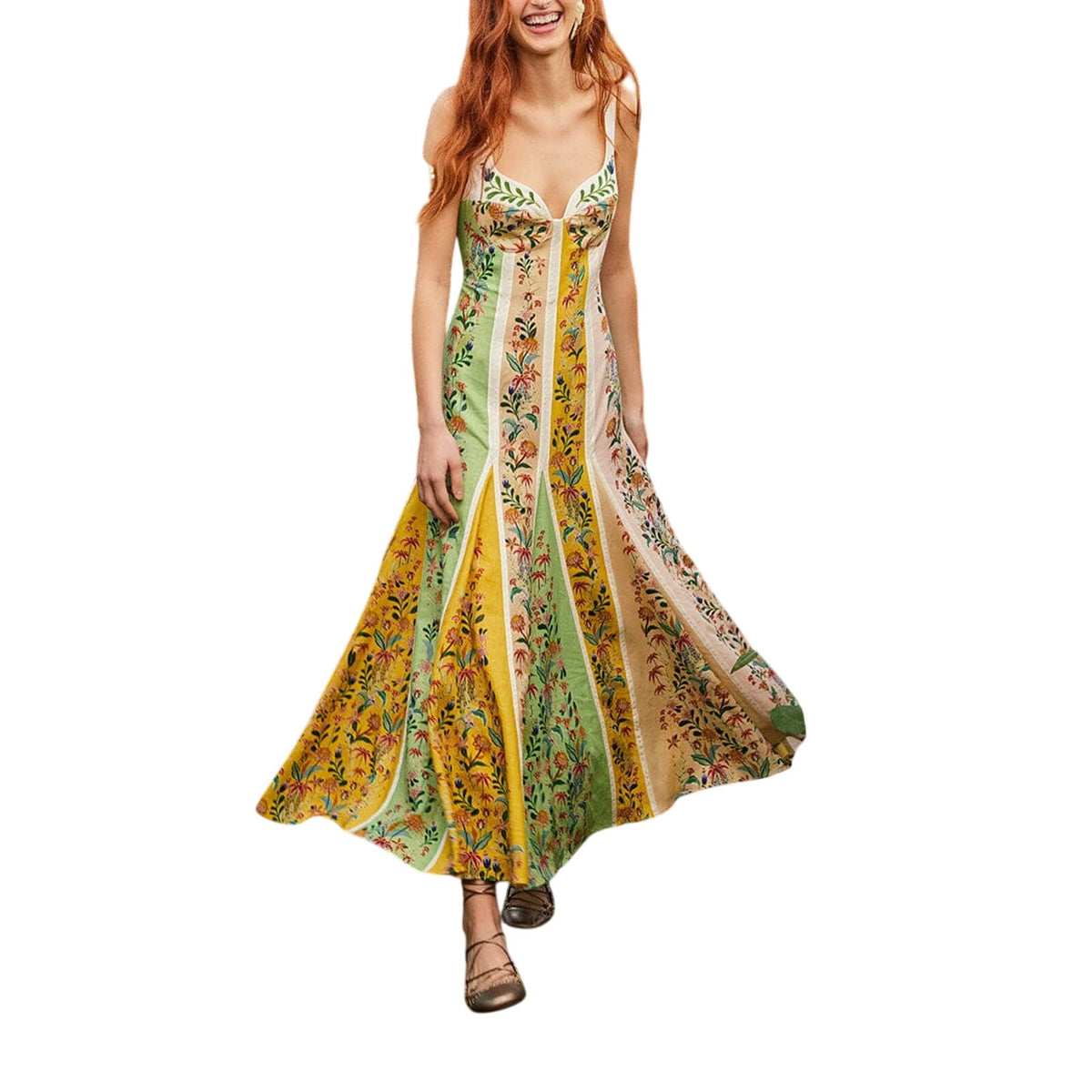 Farm Rio Multicolor 'Delicate' Yellow Linen Floral Stripes Lenzing Ecovero Euroflax Maxi Dress Size XXS