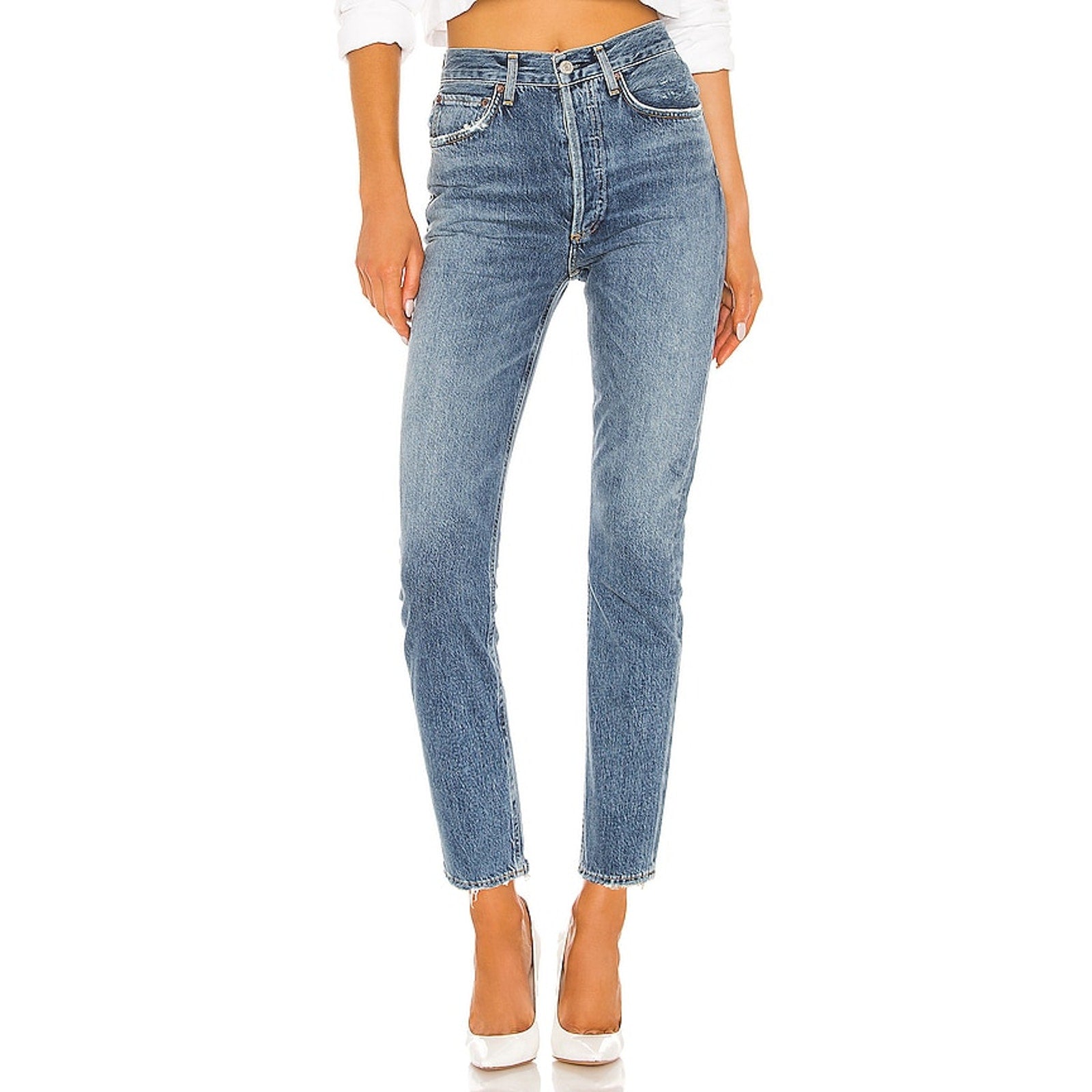 Agolde 'Riley' Blue Cotton High Rise Straight Crop Jean Size 24