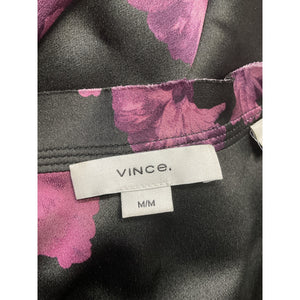 Vince 'Begonia' Black Floral Silk Banded Long Sleeve Collar Shirt Size M