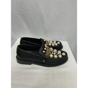 Moschino Pearl & Logo Leather Loafers - Size 7
