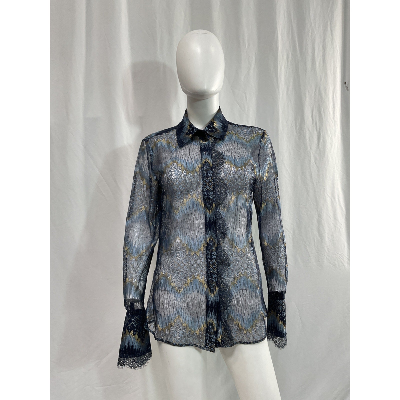 Ramy Brook 'Nora' Navy Lurex Mesh Long Sleeve Blouse Size L