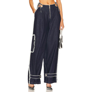 Ceren Ocak Contemporary Navy Blue Cutout Pleated Pants Size M