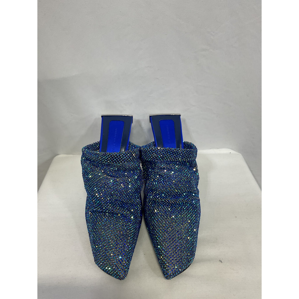 Benedetta Bruzziches 'Goliarda' Blue Satin Crystal-Embellished Chainmail Mules Size 6