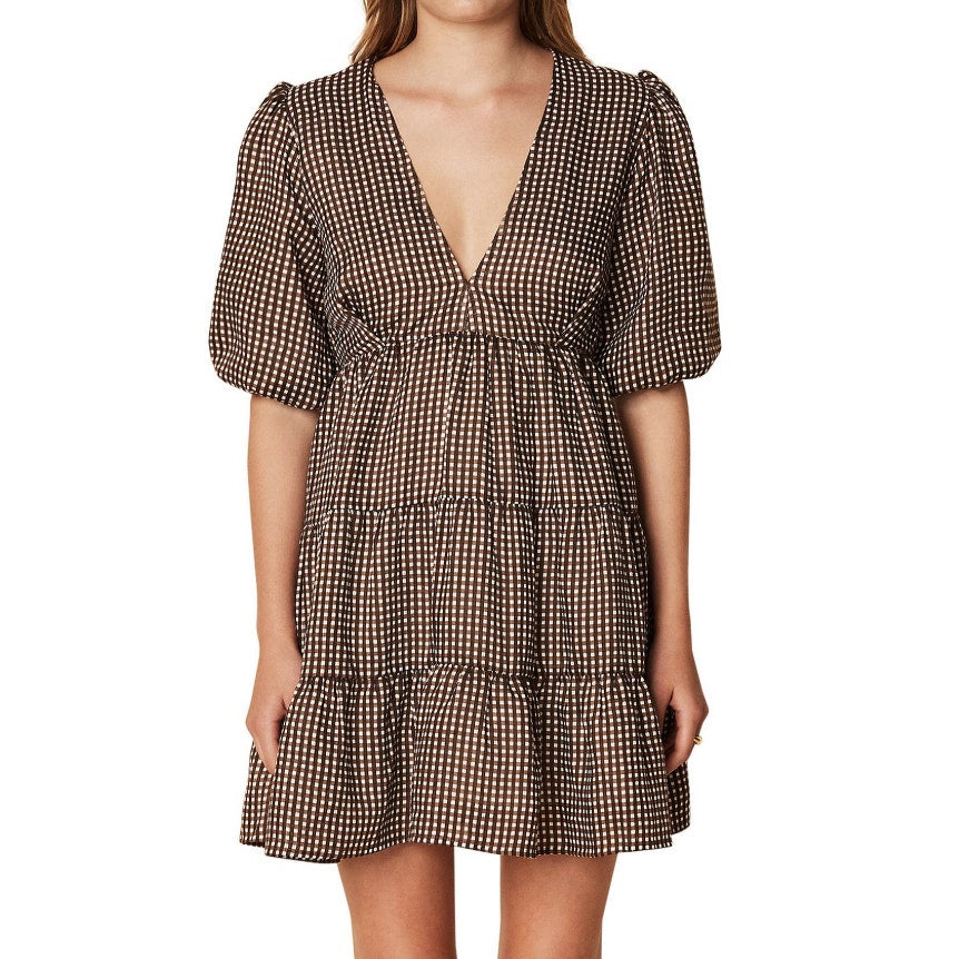 Faithfull The Brand 'Elmiya' Black V Neck Cocoa Check Print Mini Dress Size S