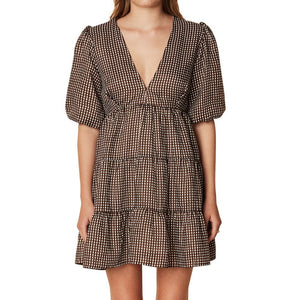 Faithfull The Brand 'Elmiya' Black V Neck Cocoa Check Print Mini Dress Size S