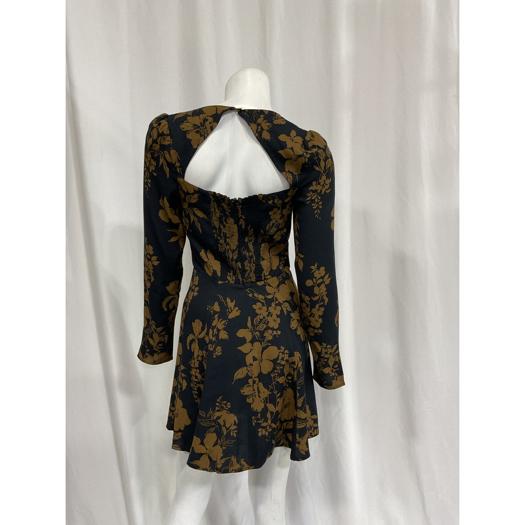 Reformation 'Indira' Black Cutout Floral-Print Crepe Mini Dress Size 2