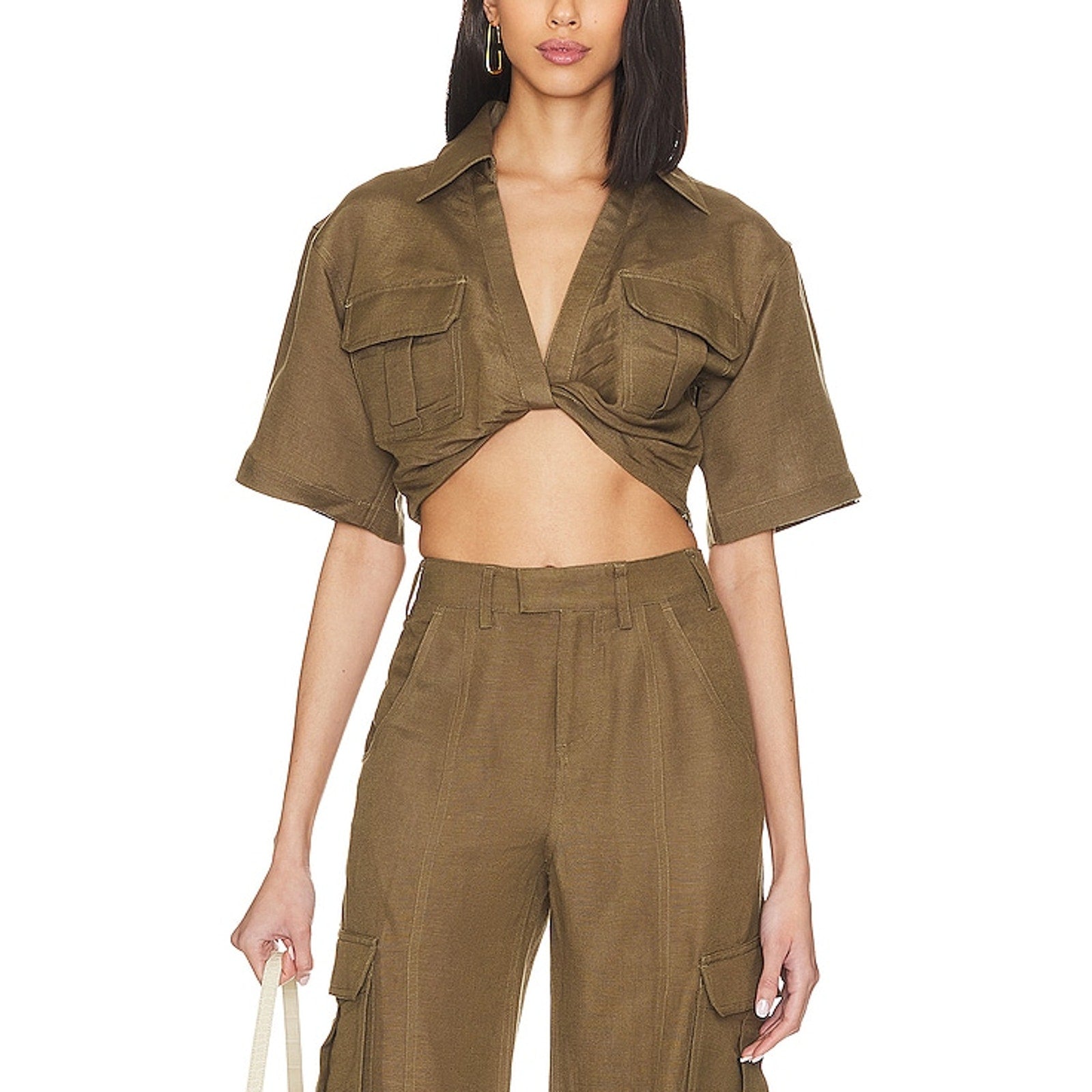 L'Academie 'The Chrisa' Green Linen Crop Blouse Size M