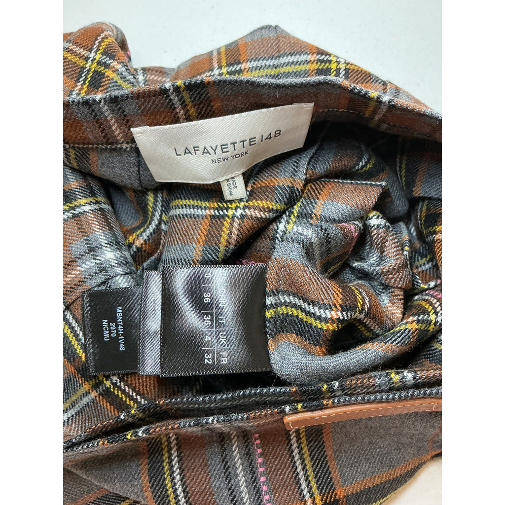 Lafayette 148 Embellished Brown Wool Leather-Trimmed Pleated Checked Wool Mini Skirt Size 0