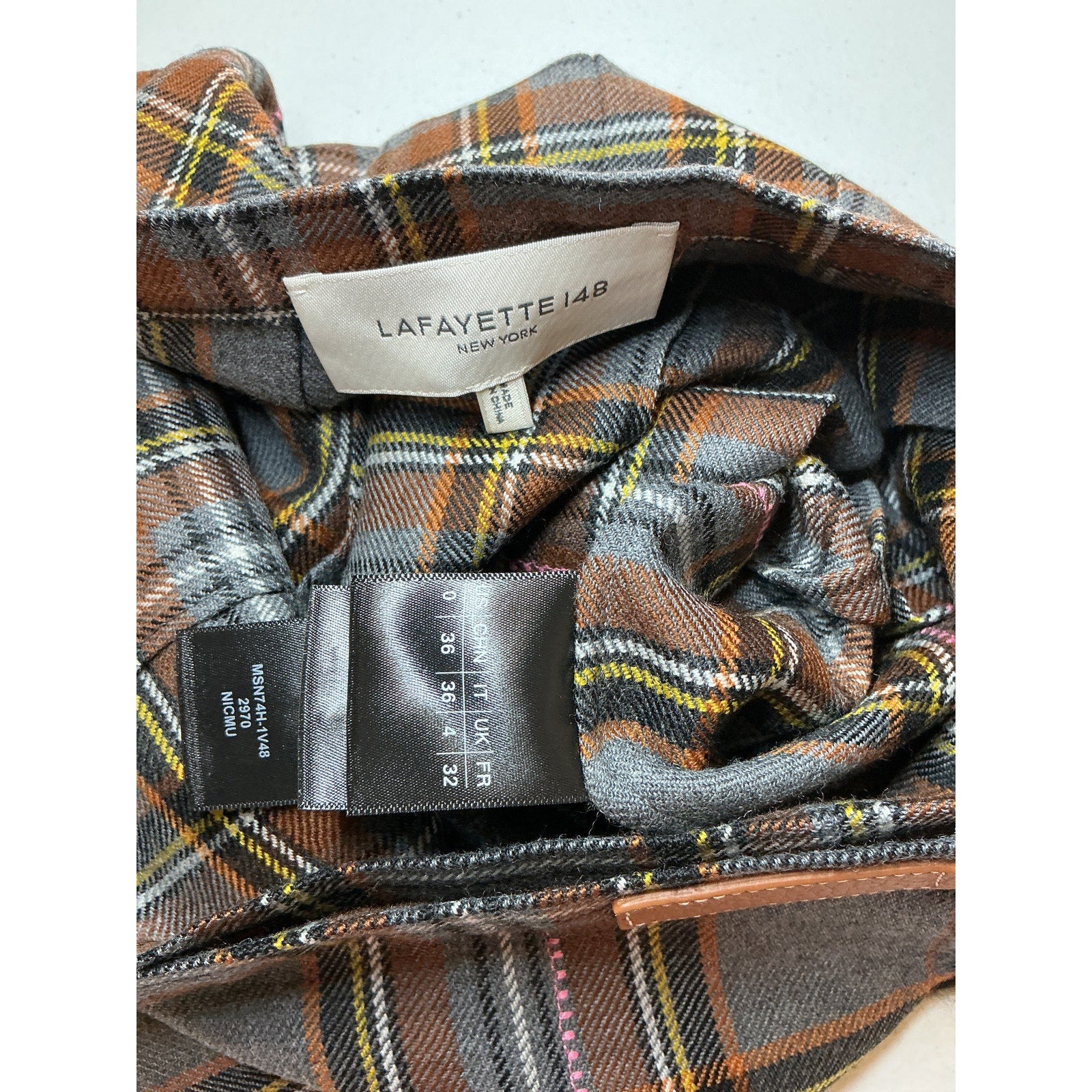 Lafayette 148 Embellished Brown Wool Leather-Trimmed Pleated Checked Wool Mini Skirt Size 0