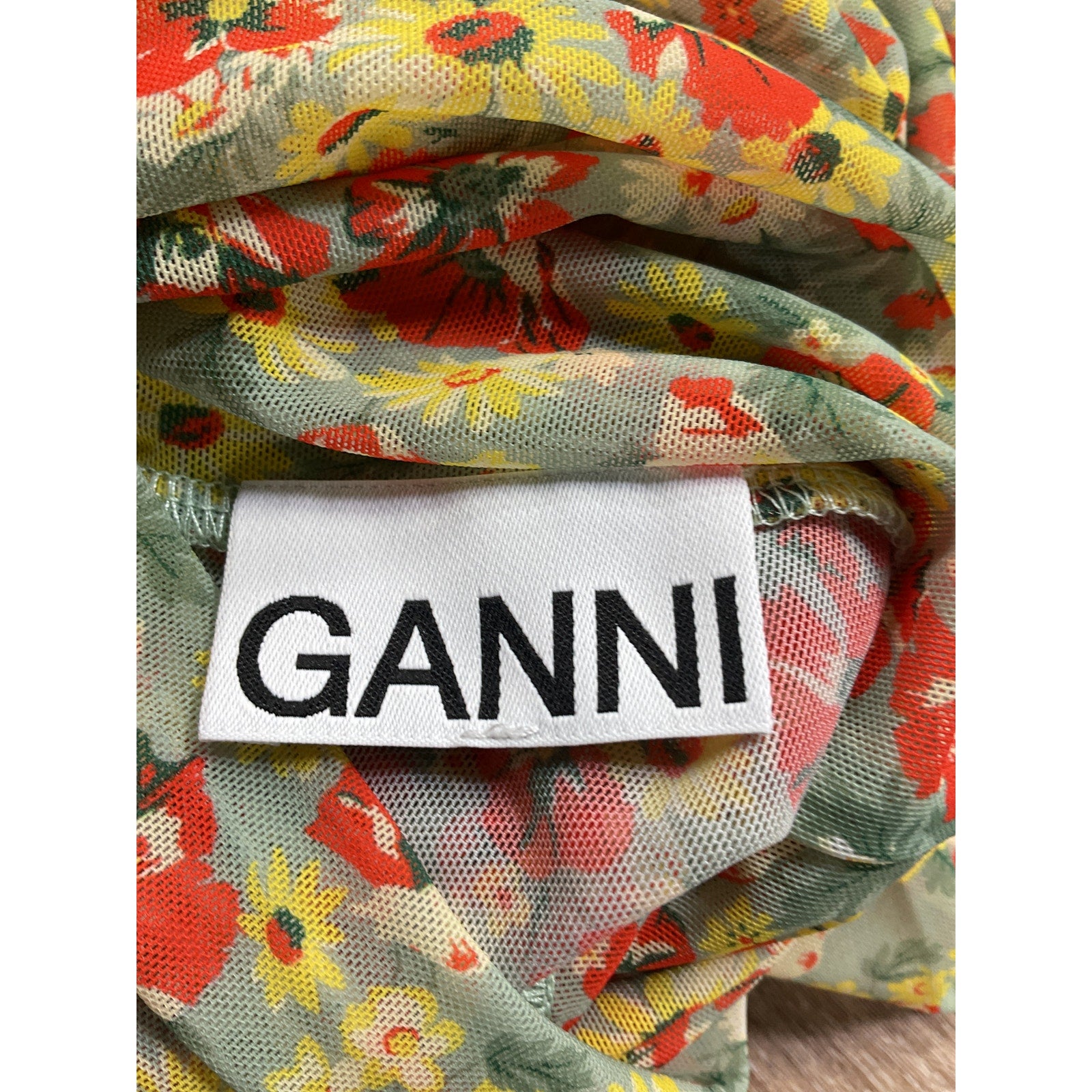 Ganni Printed Mesh Long Sleeve Green Fitted Rollneck Top Size 36