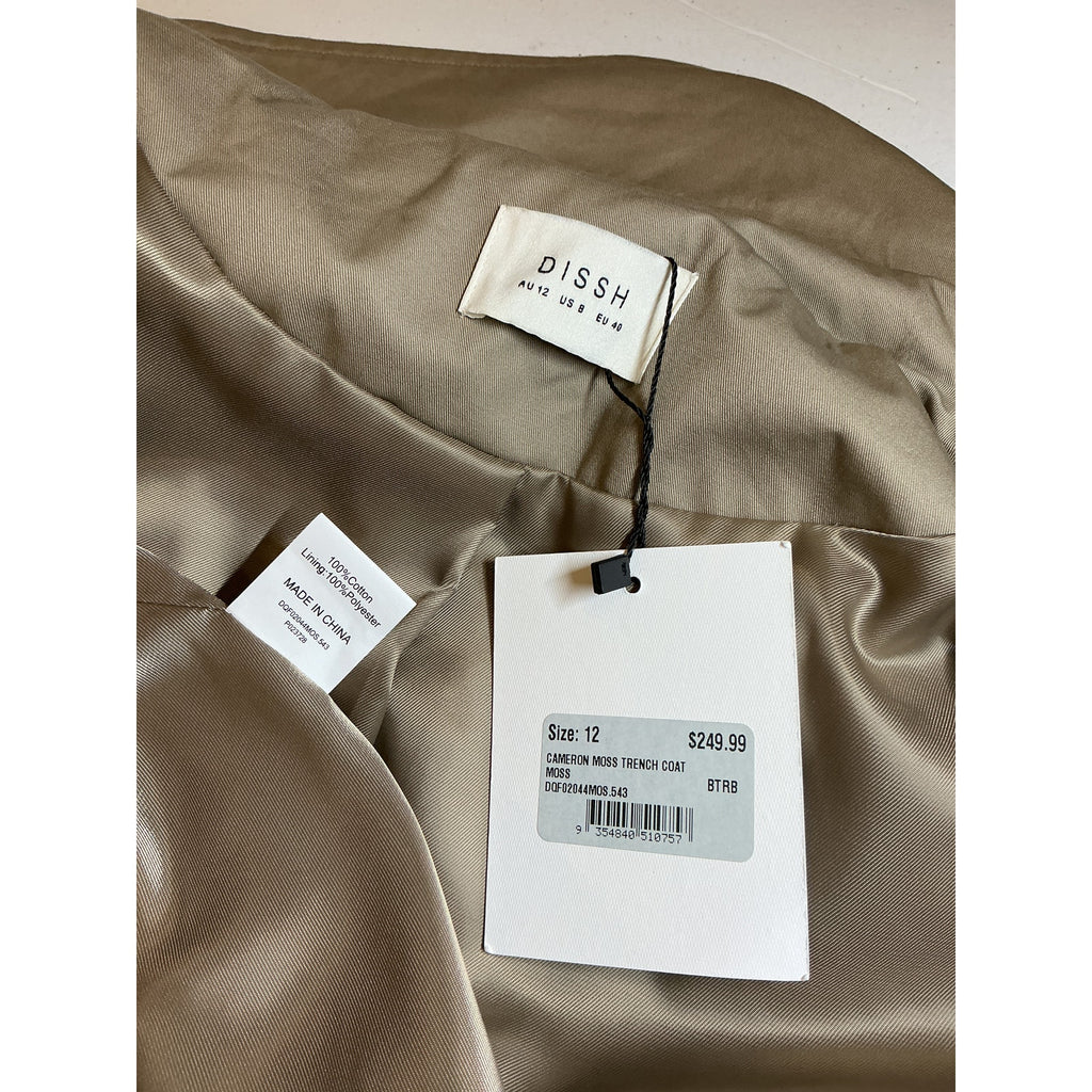 Dissh 'Cameron' Green Cotton Moss Trench Coat Size 8 - NWT