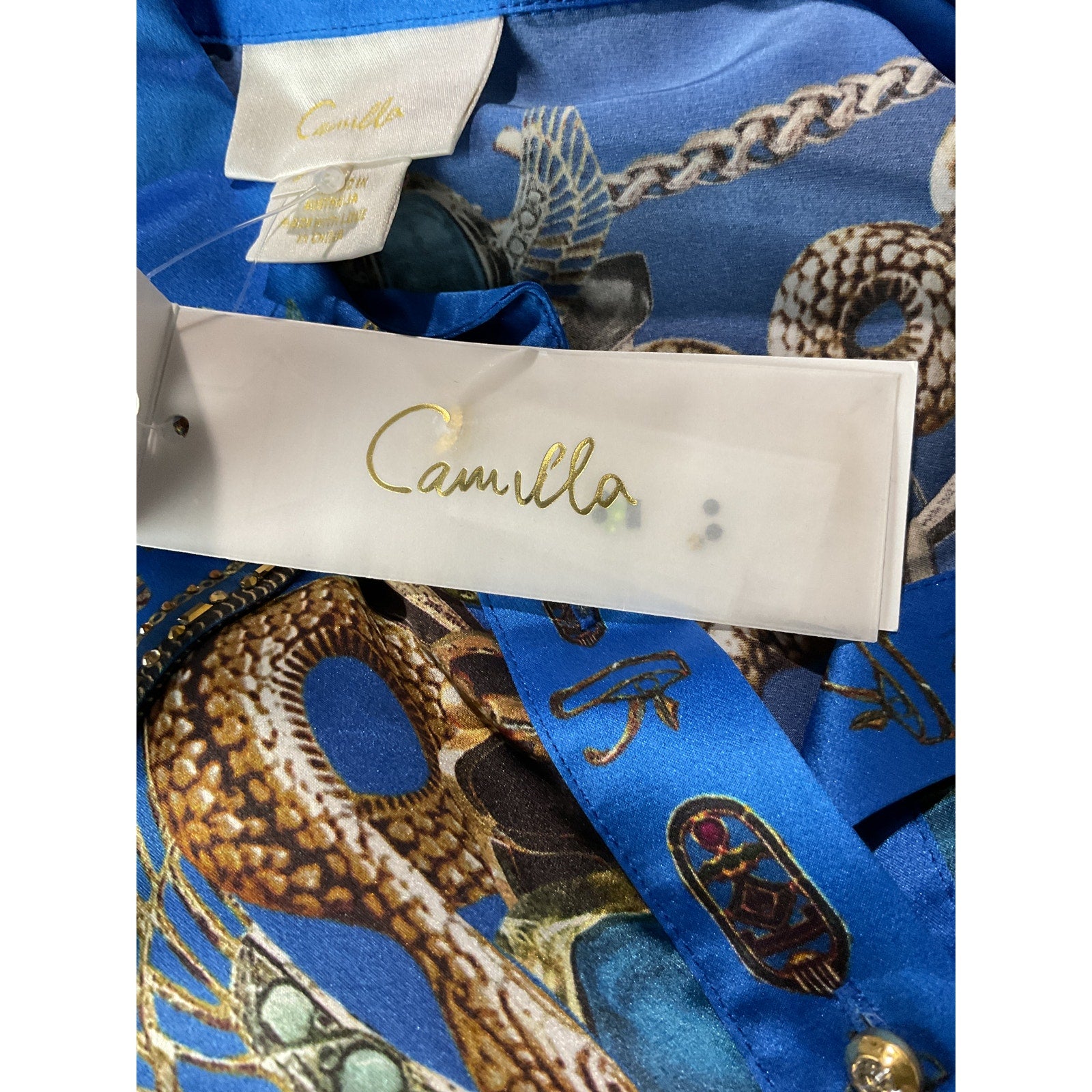 Camilla Mini Blue Silk Shirt Dress With Feather Cuffs Size S - NWT