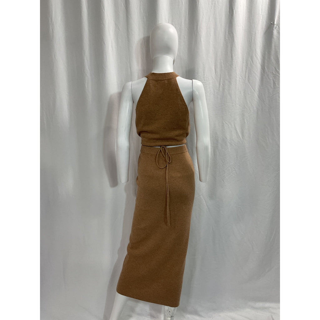 Reformation 'Renato' Tan Sleeveless Halterneck Two-Piece Cashmere Top & Midi Skirt Set Size M