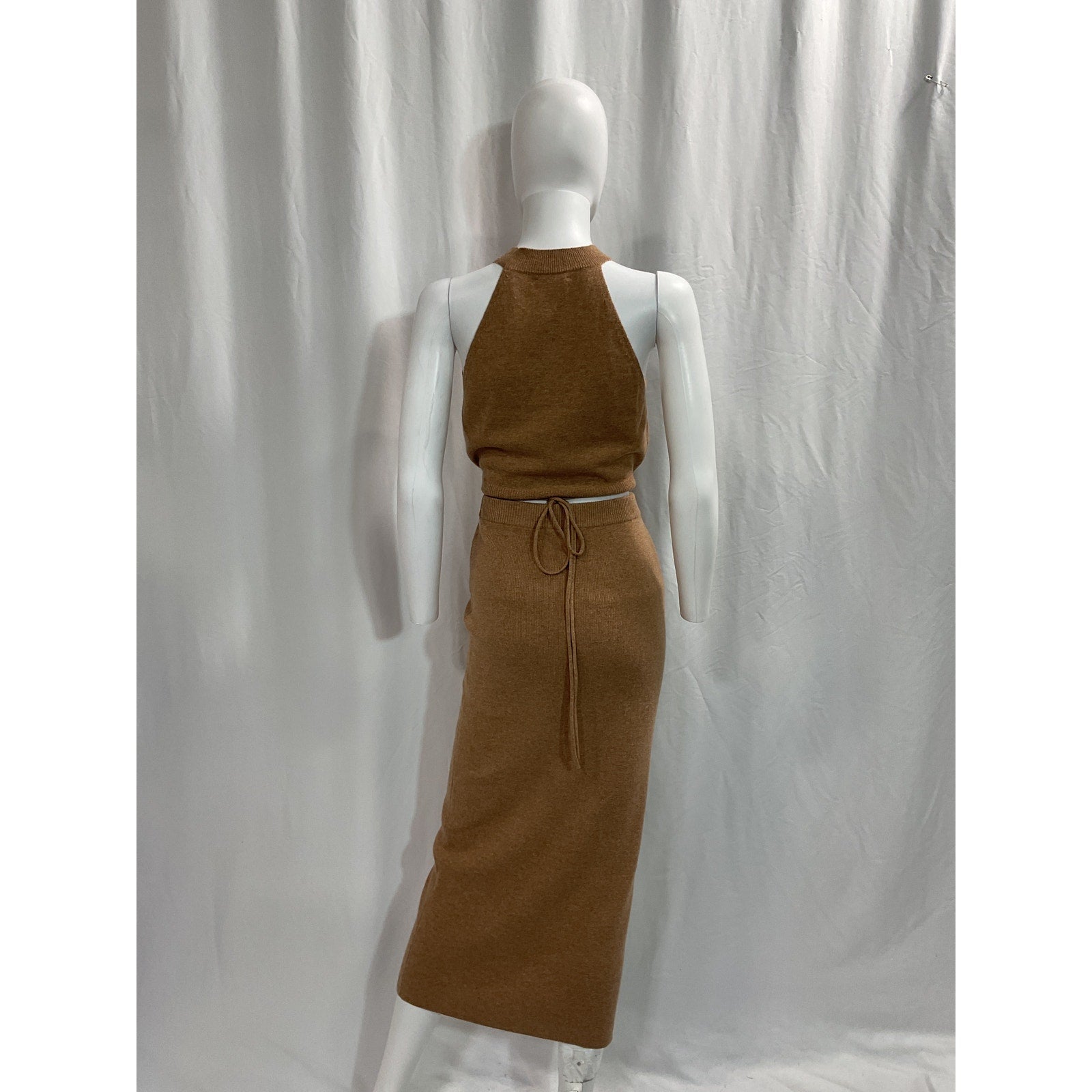 Reformation 'Renato' Tan Sleeveless Halterneck Two-Piece Cashmere Top & Midi Skirt Set Size M