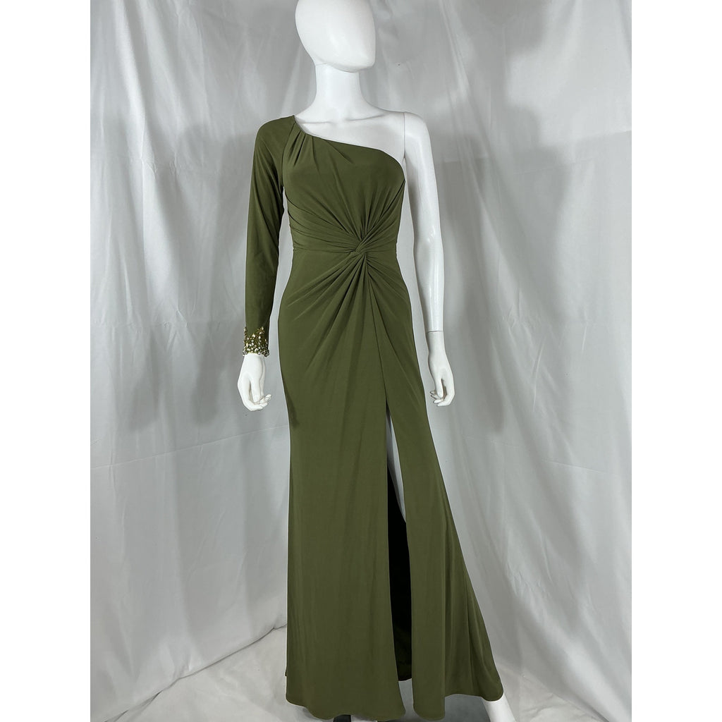 Mac Duggal Jersey Green Polyester One-Shoulder Gown Size 0