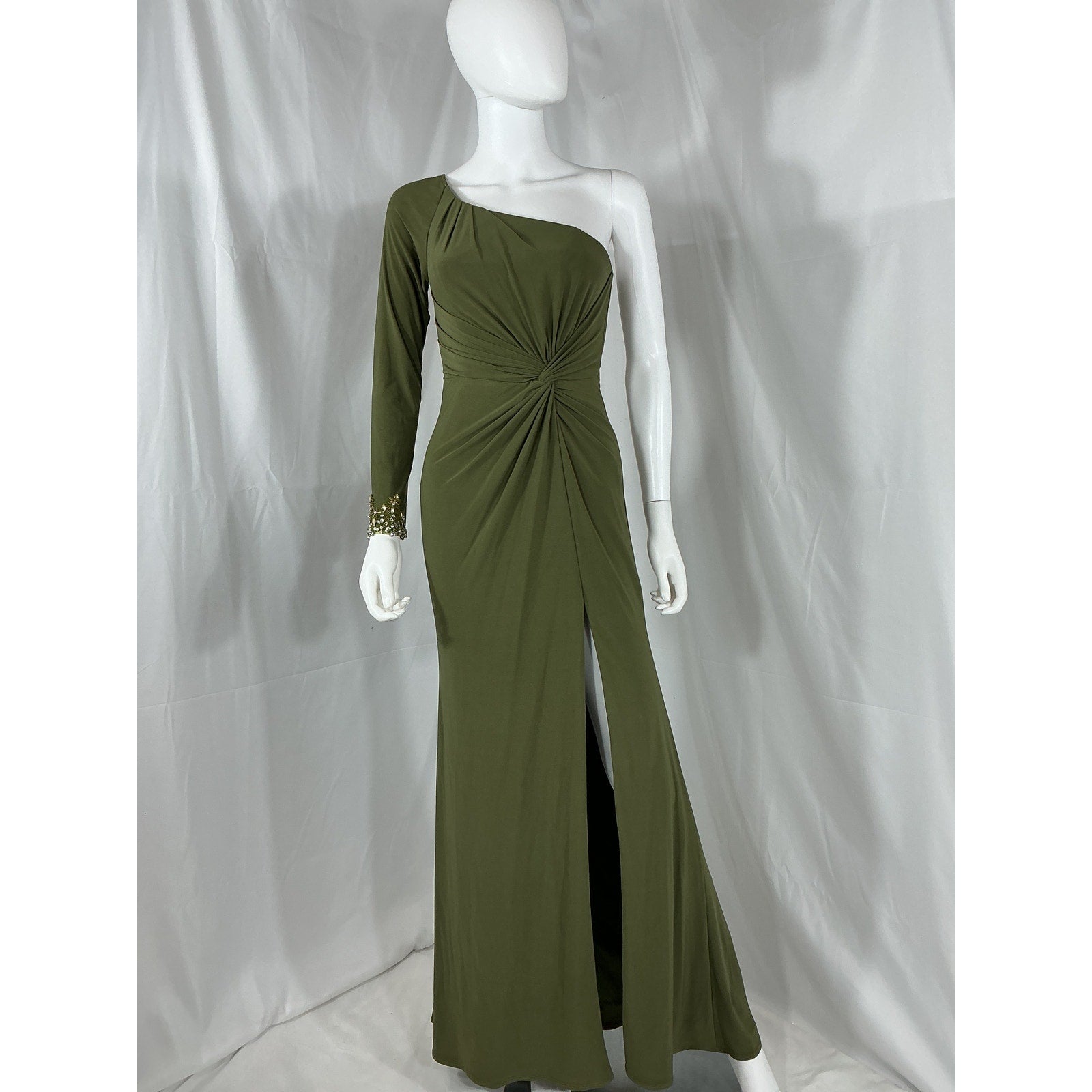 Mac Duggal Jersey Green Polyester One-Shoulder Gown Size 0