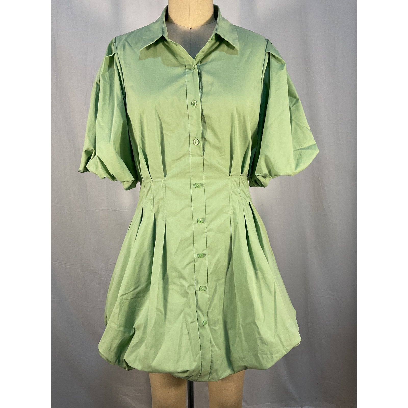 Jonathan Simkhai 'Cleo' Green Cotton Pleated Puff-Sleeve Mini Dress Size 4 - NWT