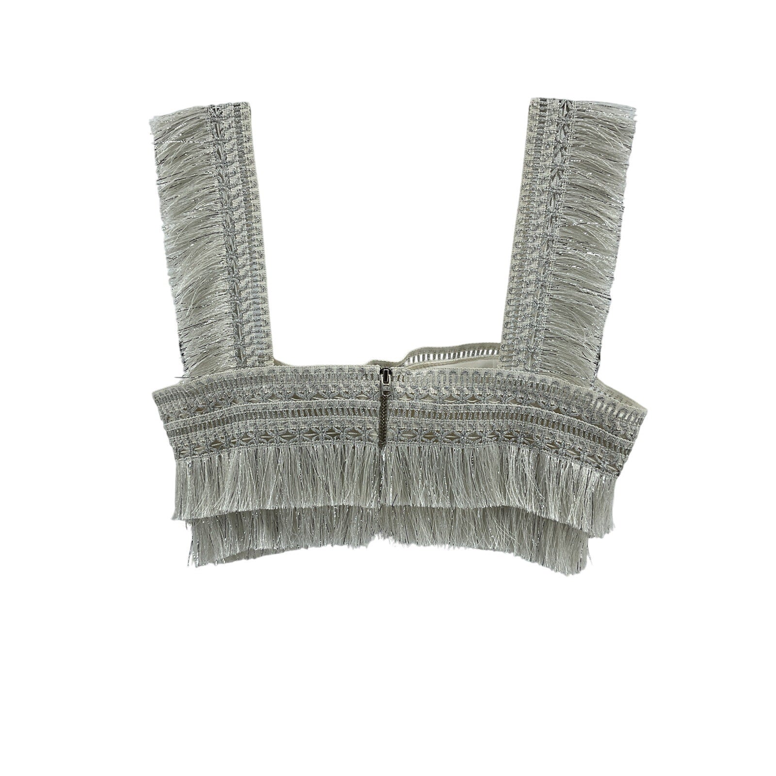 Patbo Cropped Metallic Silver Fringe Top Size 2