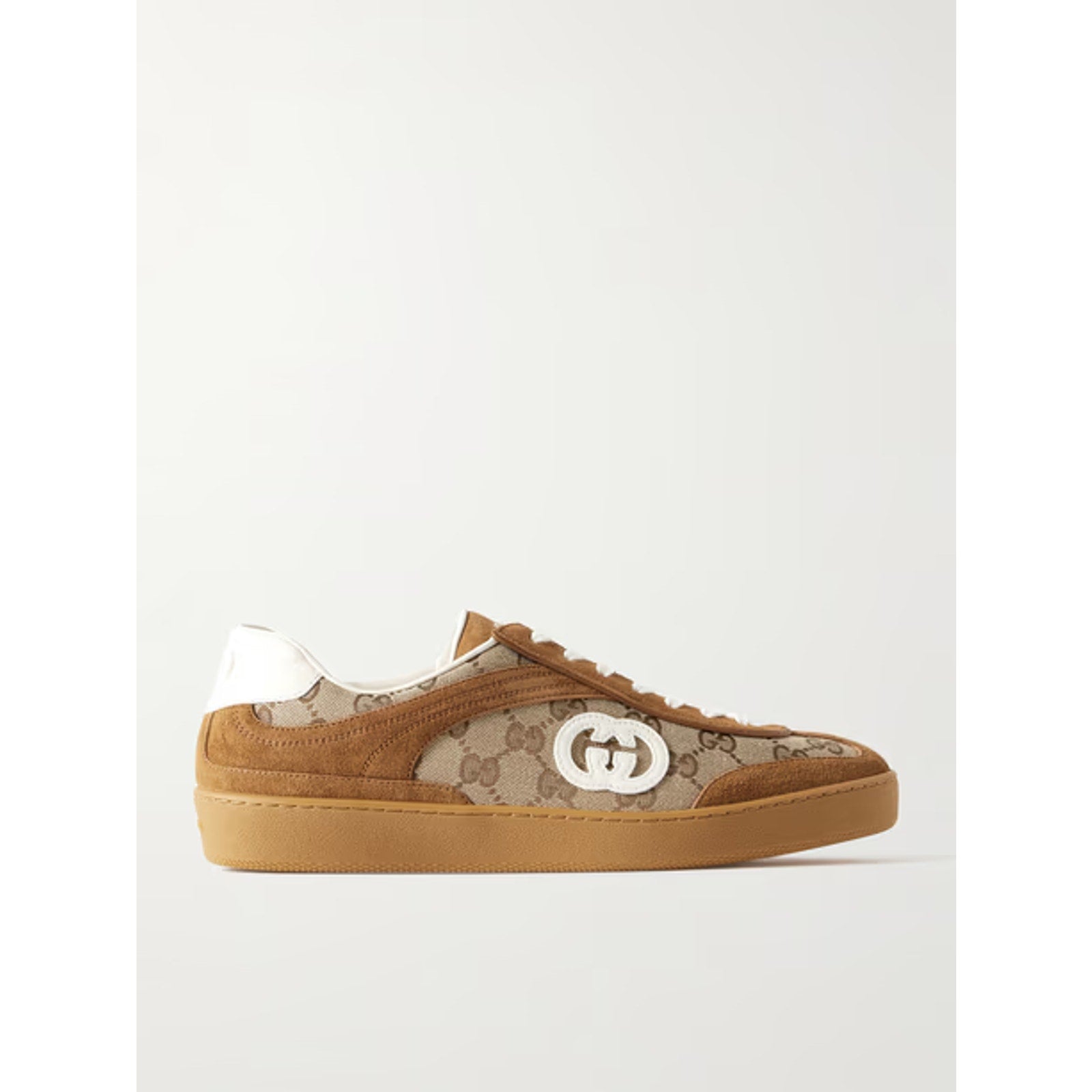 Gucci Tan Leather And Suede-Trimmed Coated Canvas-Jacquard Sneakers Size 42
