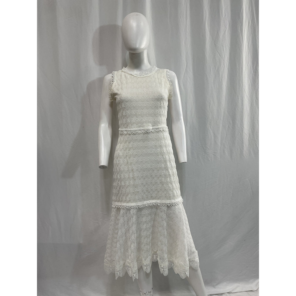 Waimari 'Lluvia' White Tassel Back Tie Lace Midi Dress Size XS