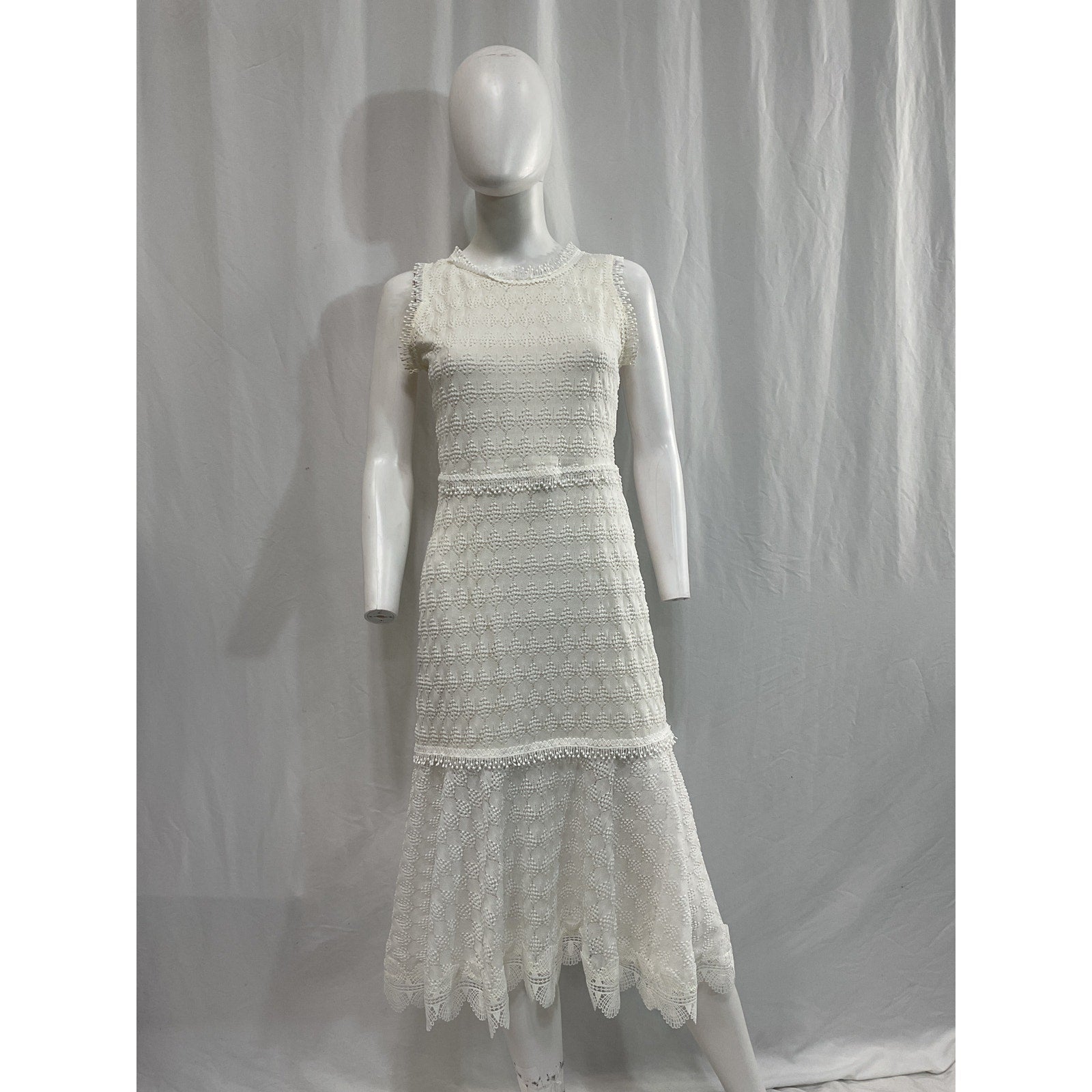 Waimari 'Lluvia' White Tassel Back Tie Lace Midi Dress Size XS
