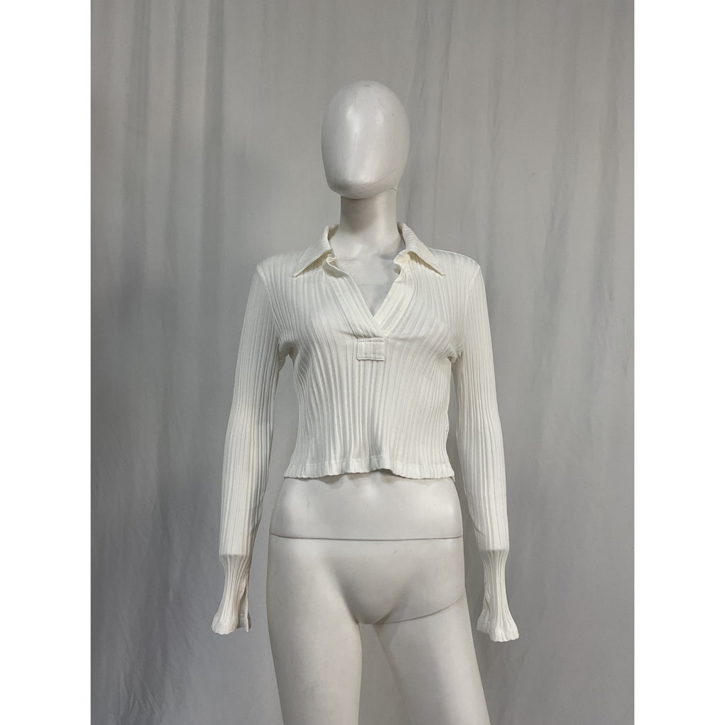 Helmut Lang Long Sleeve White Cotton Crop Polo Top Size L