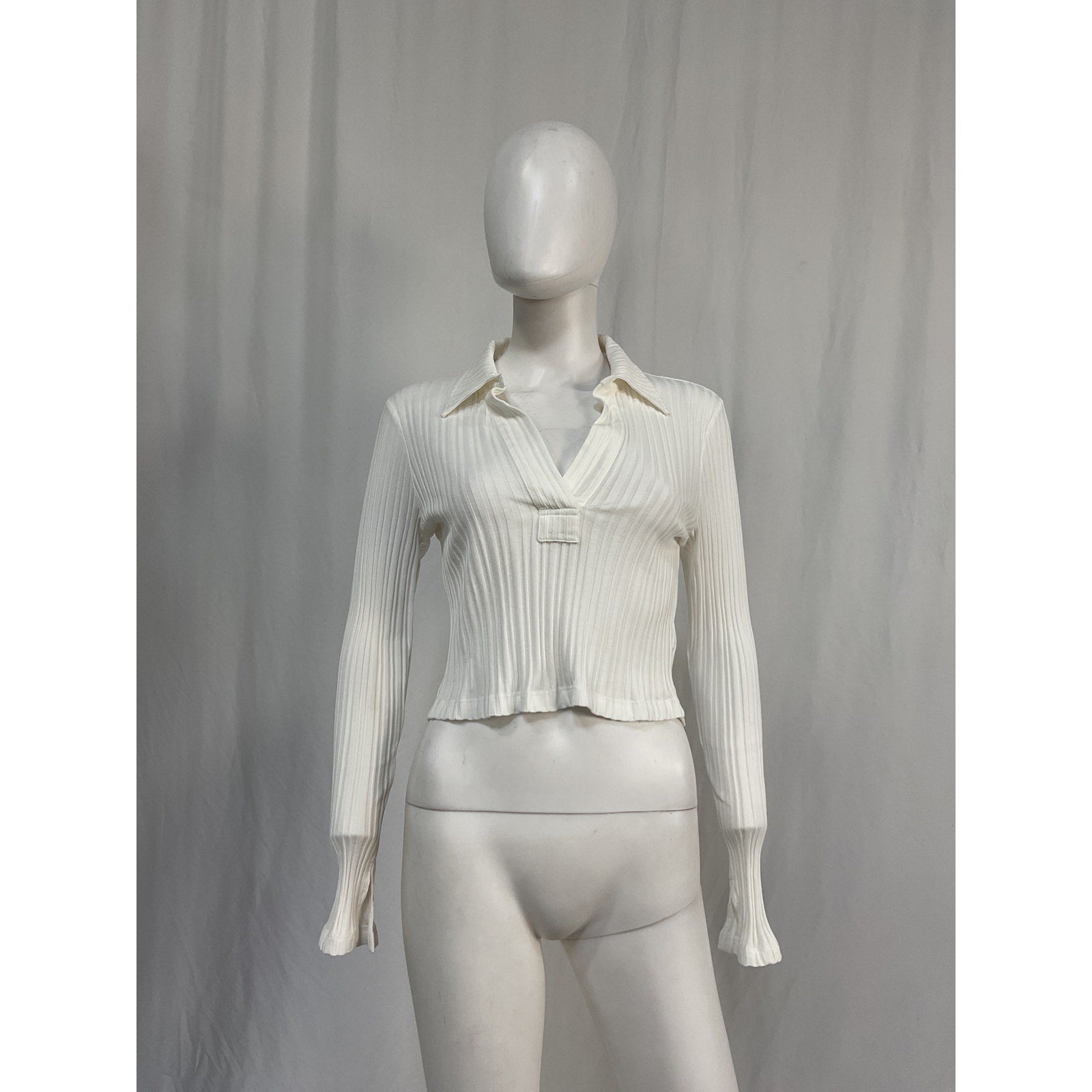 Helmut Lang Long Sleeve White Cotton Crop Polo Top Size L