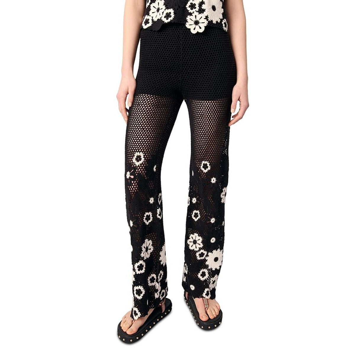 Maje Open Knit Black Floral Crochet Trousers Size 34 FR