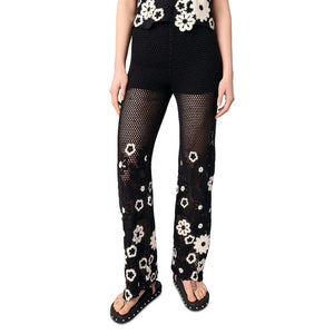 Maje Open Knit Black Floral Crochet Trousers Size 34 FR